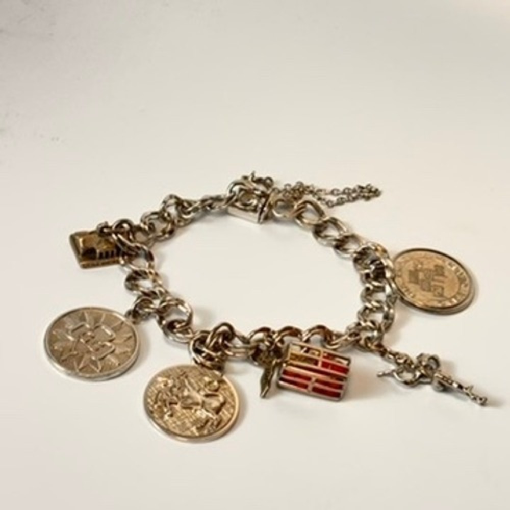 Vintage Sterling Silver Charm Bracelet Silver Travel Souvenir Coins Florida Boho